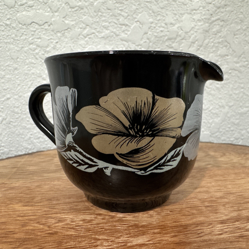 VTG Arcoroc France Creamer Julie Pattern Black Gold Silver Floral Design Glass